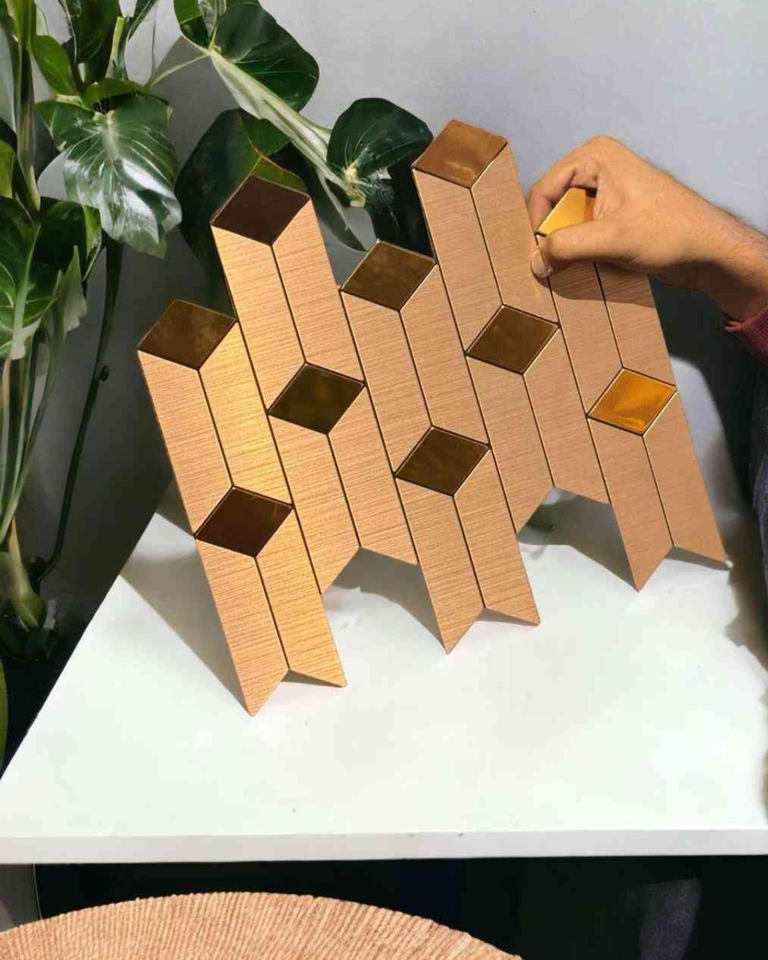 Bronze & Wood Geometric Mosaic Tile