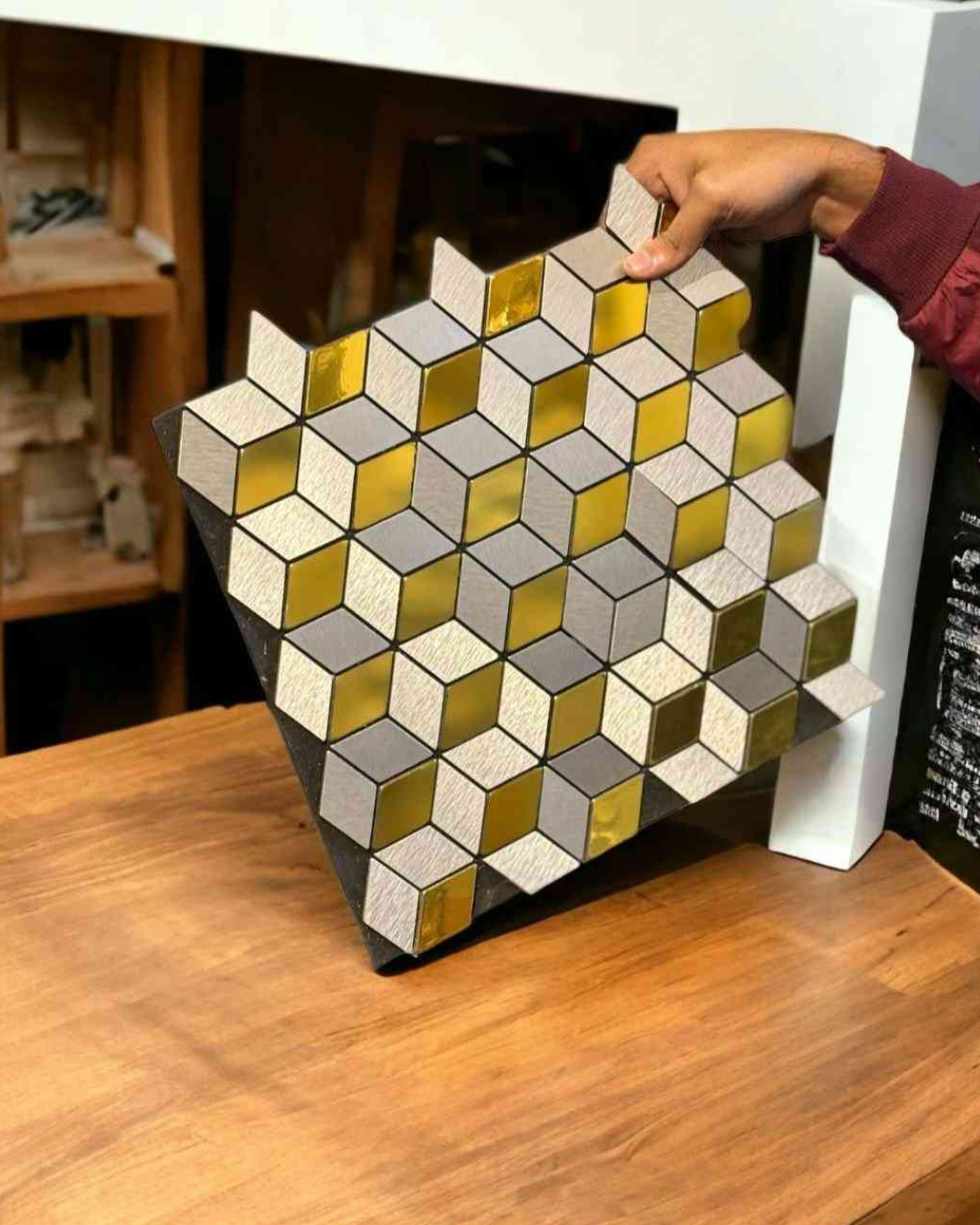 Yellow & Silver 3D Cube Mosaic Tile