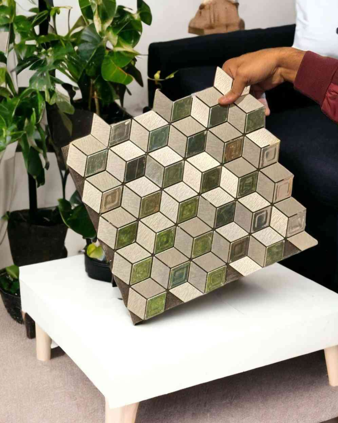 Green & Grey 3D Cube Mosaic Wall Tile