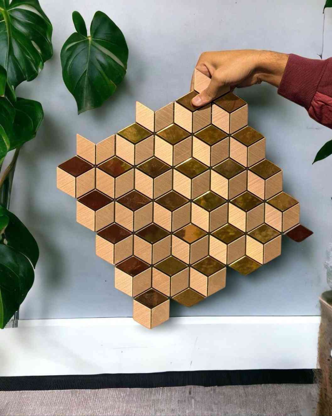Wooden & Gold 3D Cube Mosaic Tile