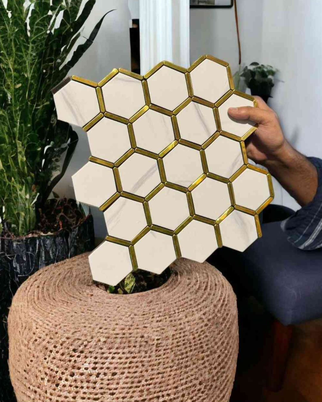 White Glossy Hexagon Mosaic with Gold Borders