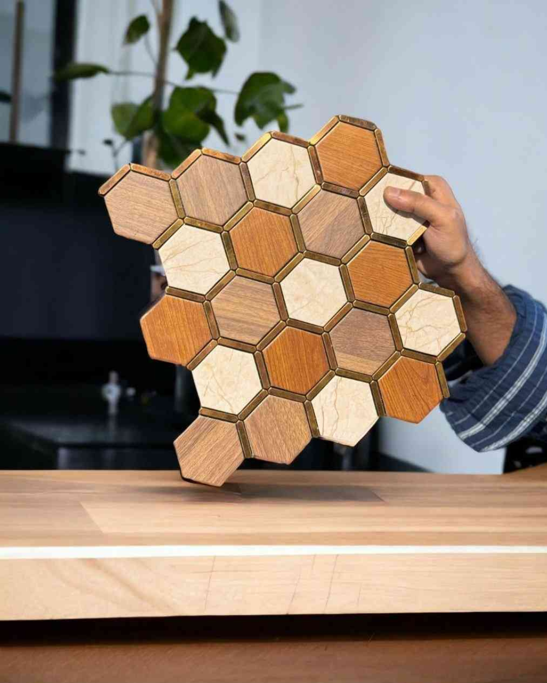 Wooden & Marble Hexagon Mosaic Tile