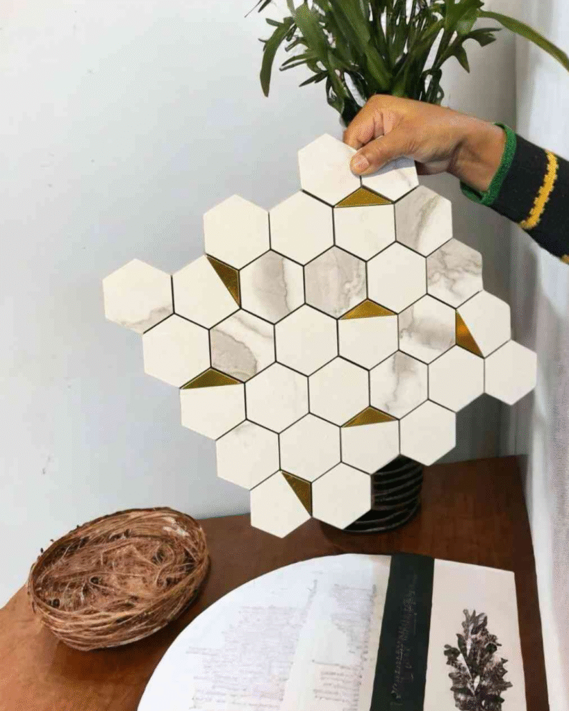 White Hexagon Marble Mosaic with Gold Accents