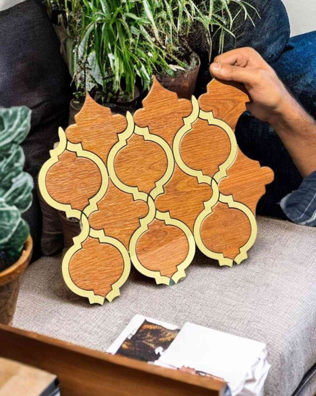 Wooden Moroccan Pattern Tile with Gold Outline
